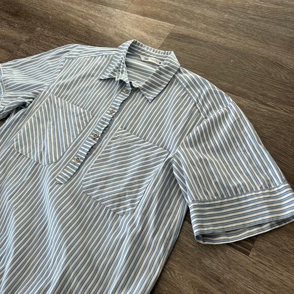 EUC Zara Blue White Striped Mini Shirtdress Size M Ruffle Hem Cotton Poplin - Picture 6 of 16